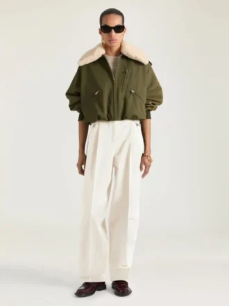 Bomber din bumbac și lână cu guler din piele de oaie