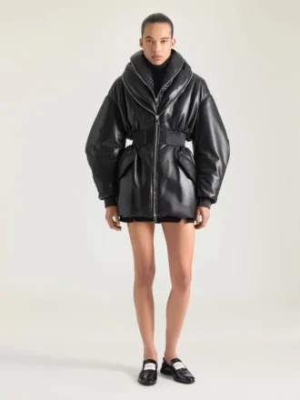 Bomber în formă de clepsidră cu guler șal cu fermoar din piele