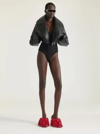 Bomber scurt cu guler șal cu fermoar din piele