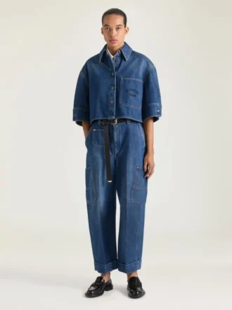 Cămașă scurtă tip cocon din denim albastru mediu