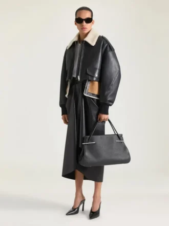 Jachetă scurtă de aviator din piele și lână de oaie