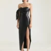 Rochie bustieră lungă din piele Nappa cu fundă Rochie bustieră lungă din piele Nappa cu fundă