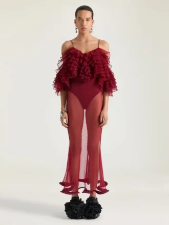 Rochie lungă cu volane din tricot ultrafin